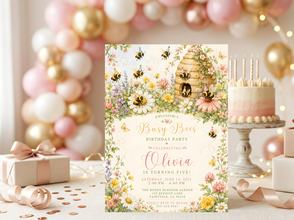 Bee birthday invitation template in a cheerful watercolor garden aesthetic, combining honey bees, white daisies, pink blossoms, yellow flowers and foliage.