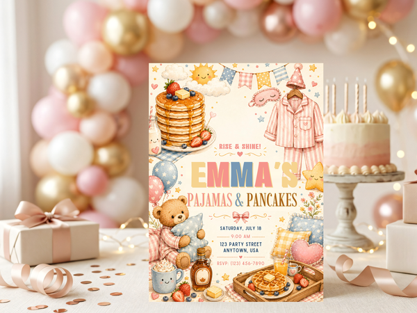 Pajamas & Pancakes party invitation artwork with teddy bear, pajamas, breakfast foods, balloons and bunting in cream, blush and peach tones.