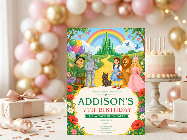 Editable Wizard of Oz birthday invitation template with colorful character artwork, floral border and storybook party details