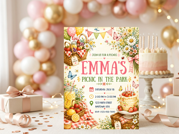 Picnic in the park birthday invite with hand-painted daisies, butterflies, balloons, bunting and a layered cake, designed for a bright outdoor birthday celebration.