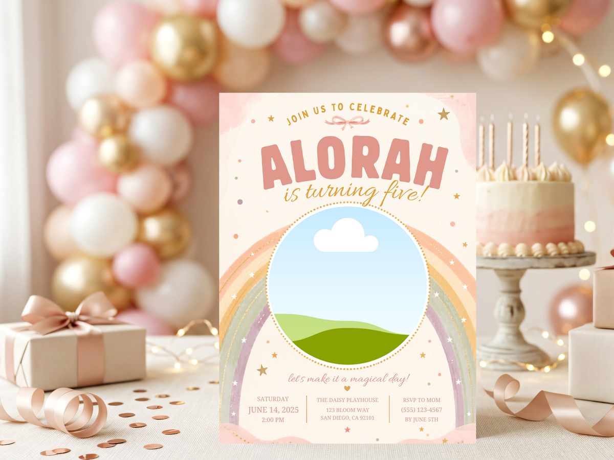 Colorful kids birthday invitation template with soft rainbow arches, peach and blush tones, pastel blue sky, green hills, and whimsical star details