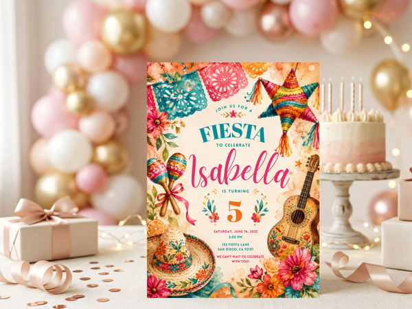 Fiesta birthday invitation featuring colorful party motifs including piñata, sombrero, maracas, guitar, flowers and citrus slices.