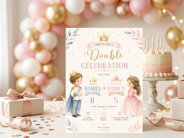 Prince and princess joint birthday invitation template with blush pink, ivory, sage green, pale blue and gold watercolor details.