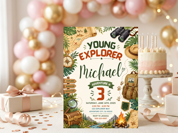 Kids explorer birthday invitation template featuring binoculars, backpack and nature-inspired adventure illustrations.