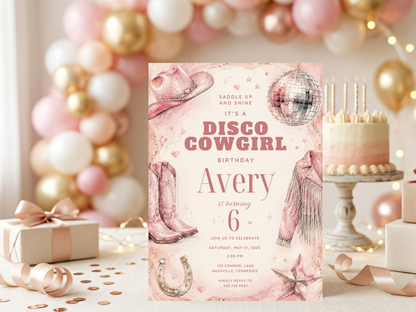 Cowgirl birthday invitation template with pink western styling, cowboy boots, hat, horseshoe and sheriff star details for a digital birthday party