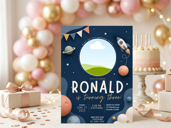 Navy blue space rocket birthday invitation featuring colorful celestial objects, a rocket ship, stars, and playful birthday typography.