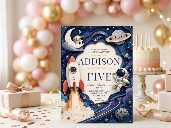 Rocket and astronaut birthday invitation template with stars, crescent moon, ringed planet and cream invitation typography.