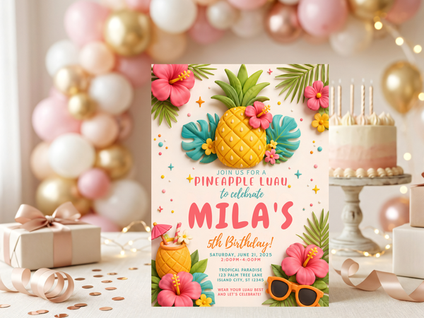 Editable tropical birthday invitation template with pineapple artwork, hibiscus blooms, leafy accents and cheerful colors