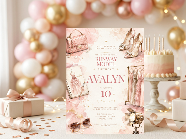 Glamorous fashion birthday invitation in pink and cream with runway-inspired accessories, studio light and refined gold accents