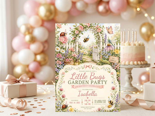 Floral garden birthday invitation design featuring watercolor bees, ladybug, butterfly, pastel blooms, and a decorative border