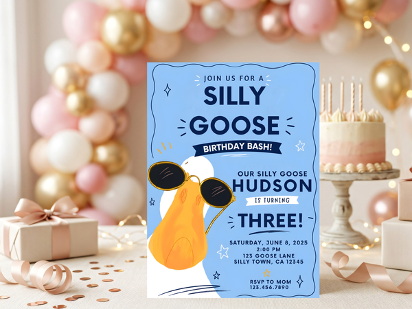 Funny Silly Goose birthday invite design in blue and orange with a cartoon goose, sunglasses, stars, and a hand-drawn decorative border.