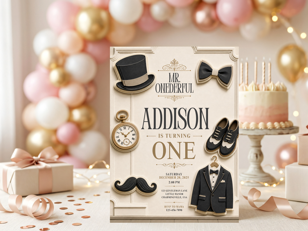Elegant gentleman birthday invitation design with ivory, cream, black and warm gold ornamental details
