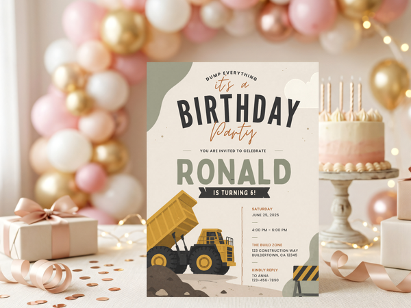 Kids construction birthday invitation template with yellow construction vehicle artwork, beige and olive colors, bold party typography, and illustrated roadwork details.