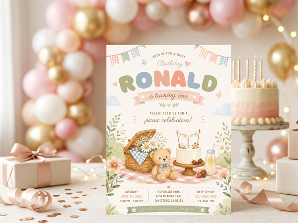 Teddy Bear Picnic birthday invite template with cream, sage, dusty blue and peach watercolor details for a children's celebration.
