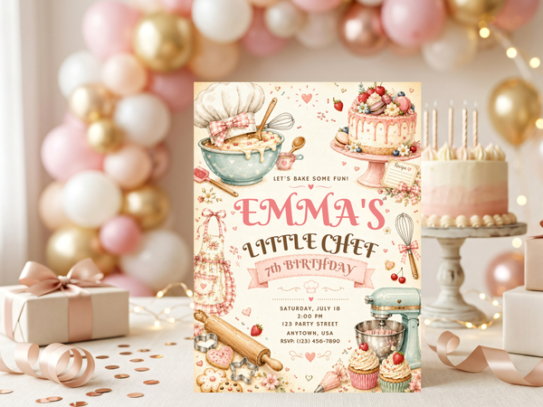 Baking-themed Little Chef birthday invitation showing sweet treats, cookies, cupcakes, cherries, and hand-painted pastel watercolor details.