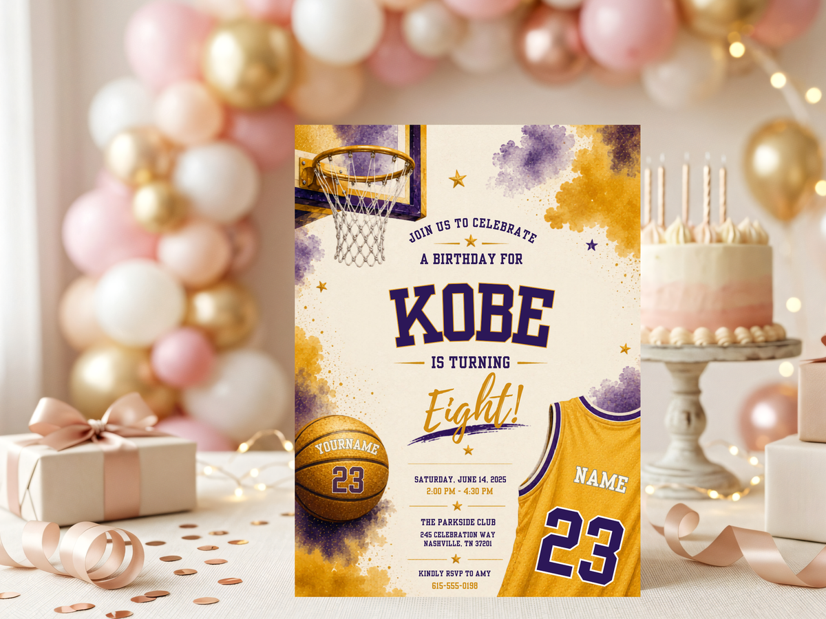 Sporty kids birthday invitation template centered on a basketball theme, with watercolor paint accents, athletic lettering, stars, and basketball graphics.