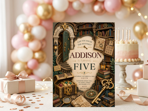 Mystery party invitation template with parchment textures, treasure map motifs, antique gold accents, vintage books, and detective clue elements.