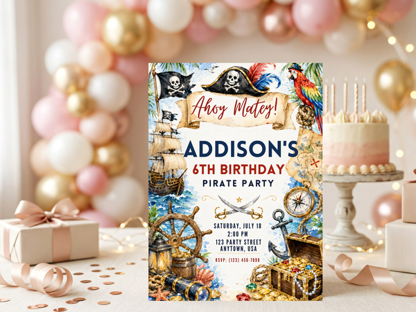 Editable digital pirate birthday invite with watercolor-inspired nautical artwork, treasure chest, gold coins, pirate ship, parrots and parchment styling.