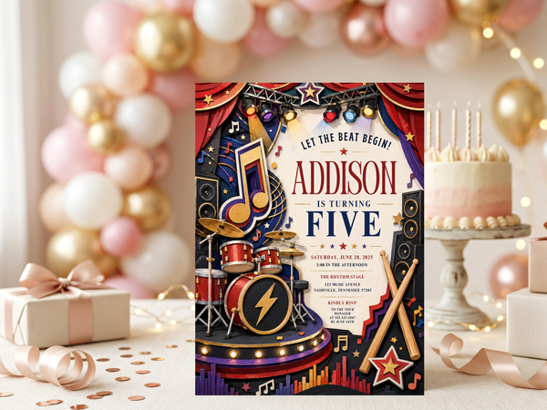 Editable rock star birthday invitation with bold red and navy colors, cream center panel, star motifs, music notes and concert-stage graphics.