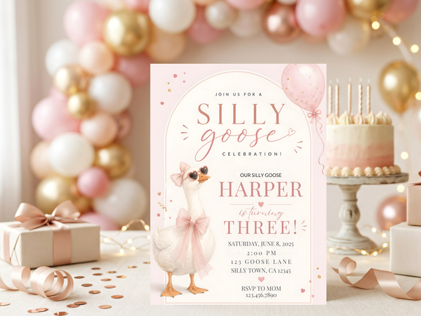 Silly Goose birthday invitation template — alternate product view 5 with a charming goose illustration, pastel birthday colors and editable invitation styling.