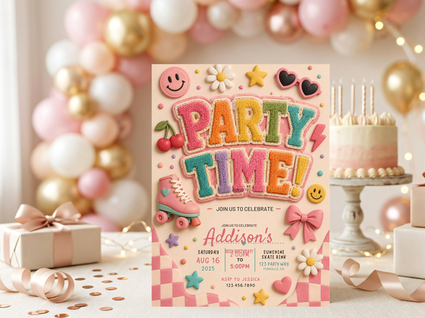 Retro skate party invitation artwork showing a pink roller skate, bow, cherries, daisies, hearts, smiley face, and colorful party dots.
