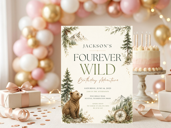 Rustic forest birthday invitation design with pine branches, evergreen trees and a hand-painted watercolor aesthetic