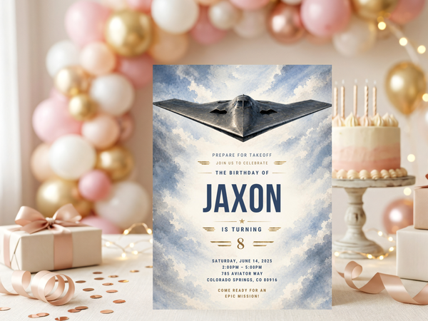 Airplane party invitation template with blue watercolor cloud artwork, dark jet imagery, clean typography and gold accent details.
