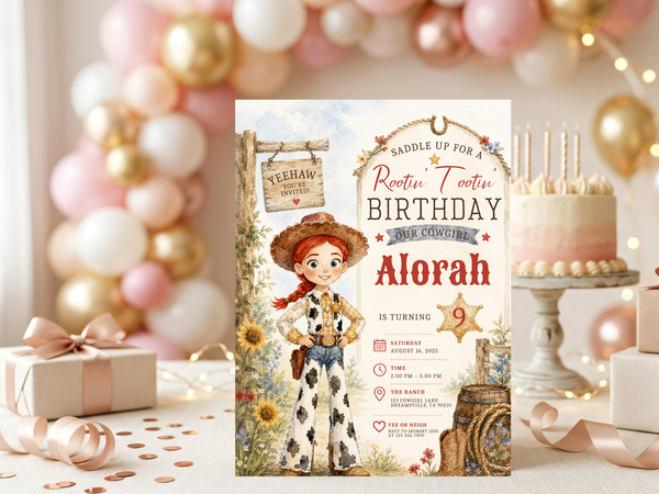 Rustic Jessie cowgirl birthday invitation template showing cowgirl artwork, sunflower accents, wood signs and rope motifs.