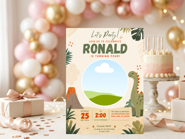 Kids dinosaur birthday invitation featuring a friendly dinosaur, prehistoric landscape, jungle leaves, blue sky, and cream stationery.