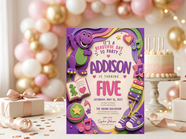 Playful dinosaur birthday party invitation with purple dinosaur artwork, green belly, music notes, stars and bright pink and yellow details.