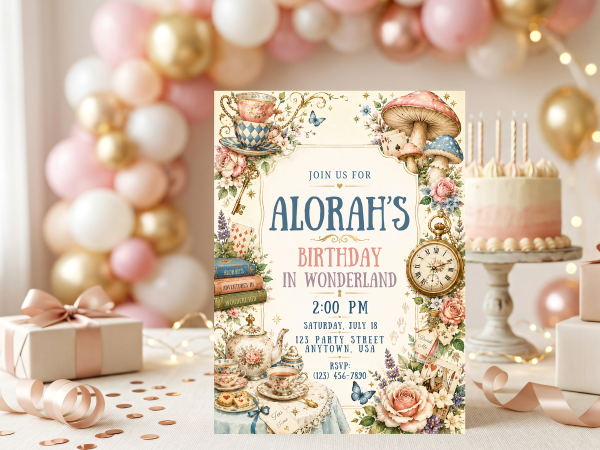 Vintage watercolor wonderland birthday invitation with pocket watch, books, playing-card accents and elegant botanical details.