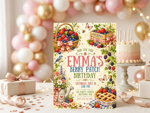 Watercolor fruit birthday invitation featuring strawberries and mixed berries, a rustic berry basket, florals, butterflies, pie details, and cheerful garden-party styling.