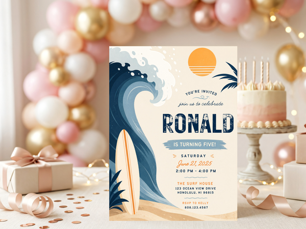 Beach birthday invitation artwork showing a stylized ocean wave, surfboard, tropical foliage and warm sunset accents.