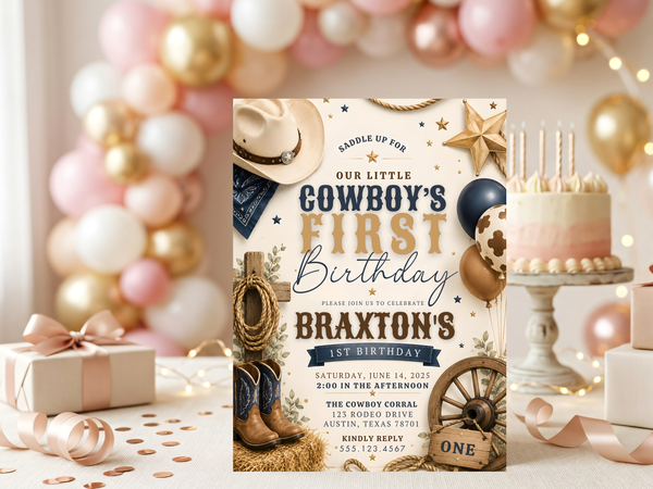 Western ranch birthday invitation template with cowboy hat, horseshoe, rope and wagon wheel motifs for a little cowboy celebration.