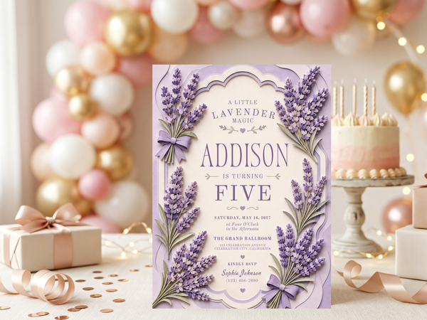 Lavender floral birthday invitation template shown in product image 5, with clustered lavender sprigs, muted green leaves, decorative bows, and elegant serif lettering.