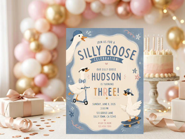 Editable Silly Goose birthday invitation template featuring playful goose illustrations and birthday typography in a soft blue, cream, peach, and gray palette.