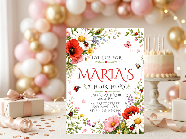 Botanical birthday invitation design surrounded by wildflowers, foliage, butterflies, ladybugs and a bee on a light background.