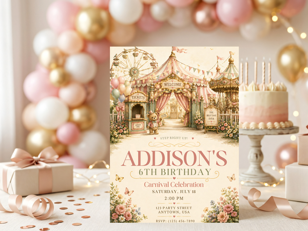 Watercolor carnival birthday invite design with a charming fairground gateway, teddy bear, pastel florals, butterflies, and champagne gold accents