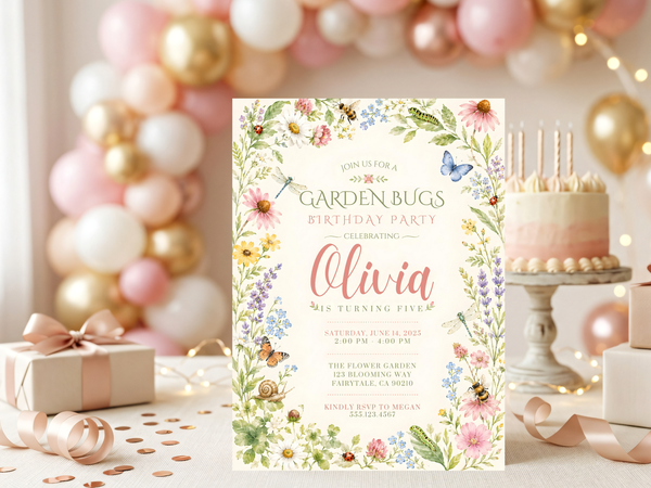 Floral garden birthday invitation design with watercolor blossoms, butterflies, bees and a light cream background for a nature-inspired party.