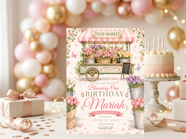 Watercolor garden birthday invitation featuring abundant tulips in pink, purple, white, and yellow, plus butterflies and delicate floral framing.