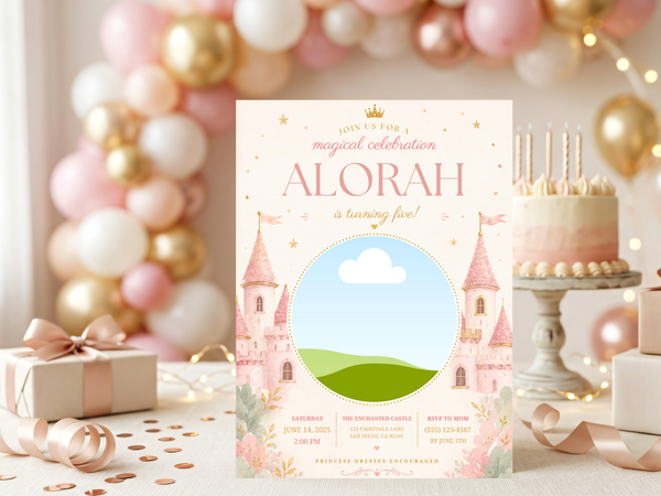 Princess castle birthday invitation template featuring an enchanted castle scene, soft blue sky, green hills, pink towers, and elegant type
