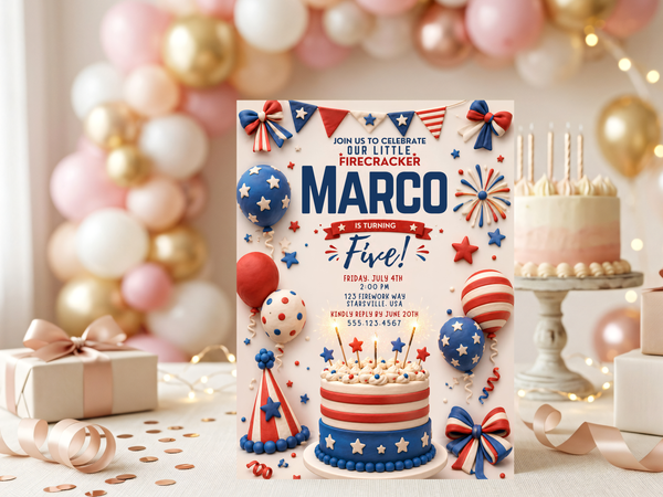 Kids Fourth of July birthday invitation in a playful patriotic style with navy blue, bright red and white details, star shapes, balloons, ribbons and cake.