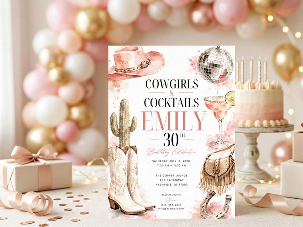 Cowgirl cocktail birthday invitation template shown with elegant typography, blush watercolor styling, cowboy boots, cactus and western party motifs.