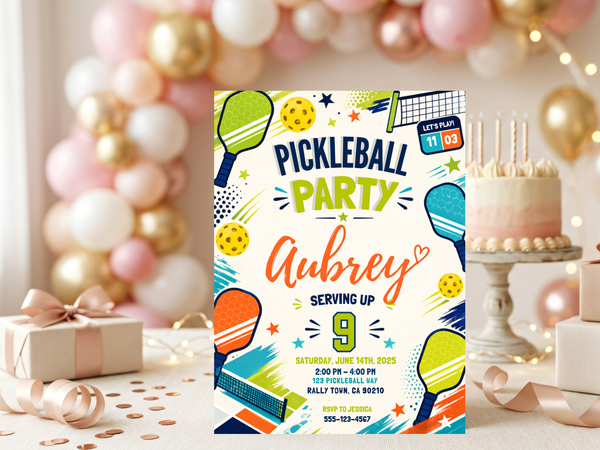 Editable pickleball birthday invitation with bold lettering, colorful paddles, yellow balls and playful starburst accents.