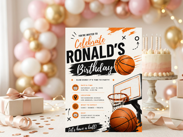 Basketball party invitation template in a bold orange, black, white, and beige palette with sporty graphics and birthday wording.