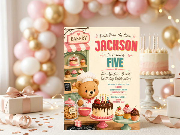 Elegant teddy bear baby shower invitation template with watercolor illustration, greenery, flowers, vintage balloon imagery, and refined typography.