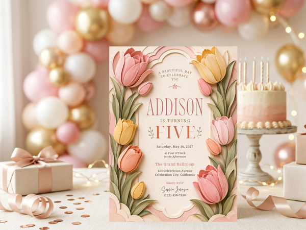 Floral birthday invitation template with pink tulips surrounding a warm cream center, delicate botanical greenery, a decorative arch, and editable celebration details.