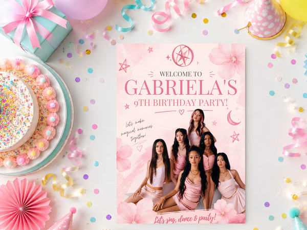 Editable girl squad birthday invitation in pink with feminine typography, floral accents and celebratory details