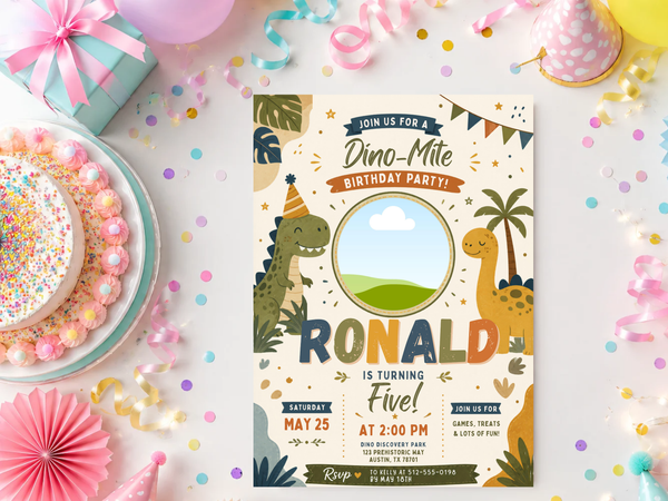 Dinosaur party invitation design with tropical palm leaves, botanical accents, earthy green and brown tones, confetti and illustrated dinosaurs