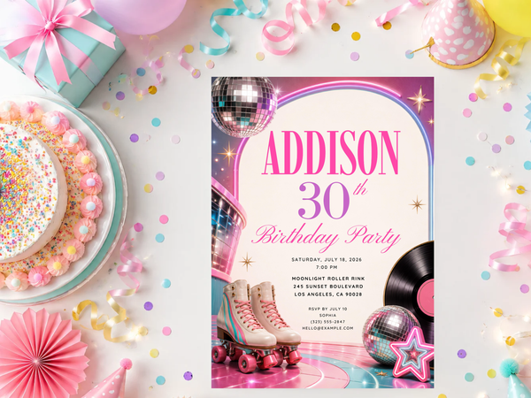 Retro disco birthday party invitation with roller skates, pink and purple lettering, silver disco balls, vinyl record and colorful neon accents.
